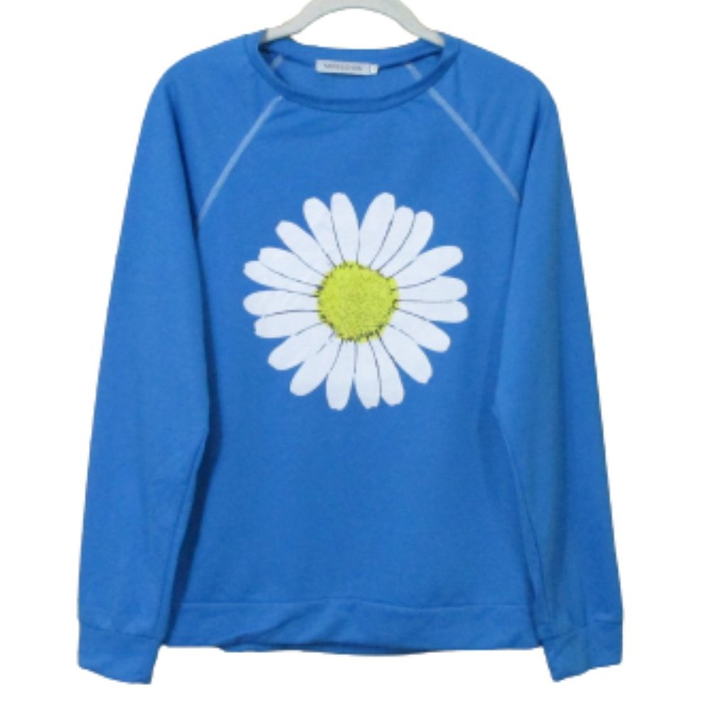 MISLOOK Blue Long Sleeve Daisy Graphic Lightweight Knit Top M